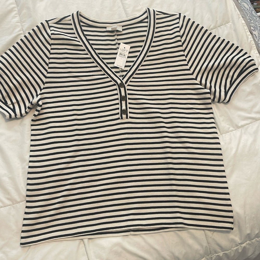 Navy/white stripe s/s top -Loft! NWT. Size Large